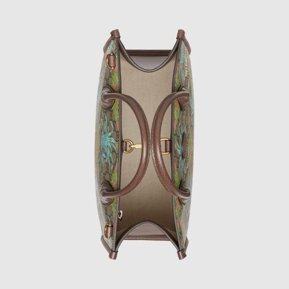 Gucci Tote Bag Beige Ebony Brown Tiger Flower Print GG Supreme Canvas Leather - Picture 5 of 7